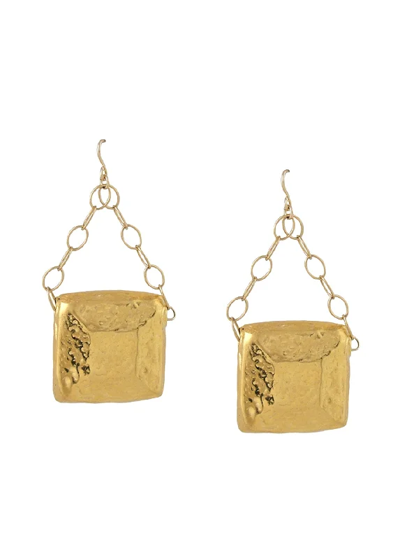 Colorful Stud Earrings-Hammered Gold Square Drop Earrings