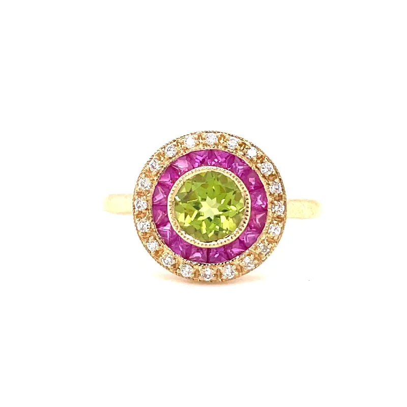 Luxury Diamond Rings-18ct Yellow Gold Diamond, Peridot and Ruby Target Cluster Ring