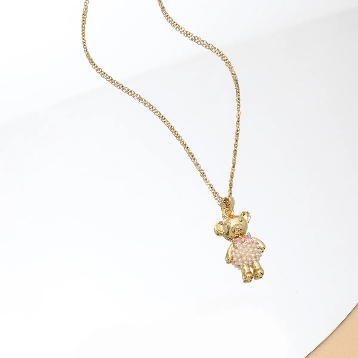 Statement Chain Necklaces-Wholesale Cute Sweet Little Bear Copper Plating Inlay 18K Gold Plated Artificial Pearls Zircon Pendant Necklace