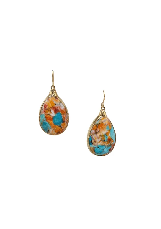 Gold Plated Earrings-Turquoise and Spiny Oyster in Gold Foil Earrings