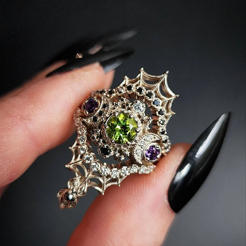 Engagement Rings for Men-Juice of the Beetle - Peridot & Amethyst Spider Web Wedding Ring Set 14k Palladium White Gold - Black & White Diamond Gothic Engagement Ring