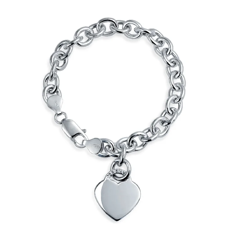 Adjustable Leather Bracelets-Substantial Solid Link Heart ID Bracelet Charm Sterling Silver Made in Italy