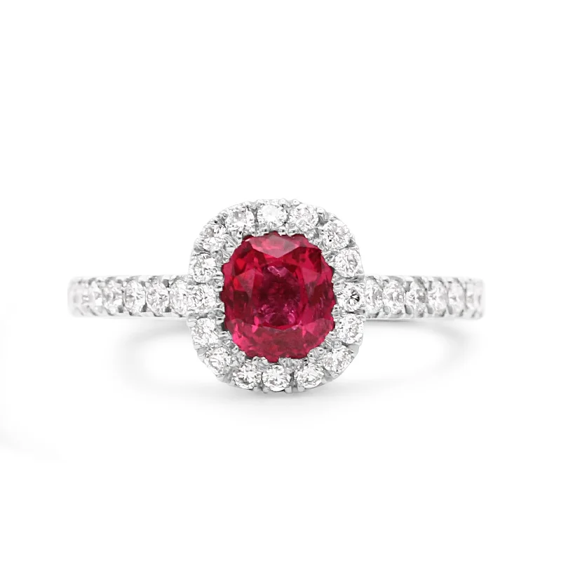 Women’s Rings-Cushion Cut Red Spinel Diamond Cluster Ring - Platinum