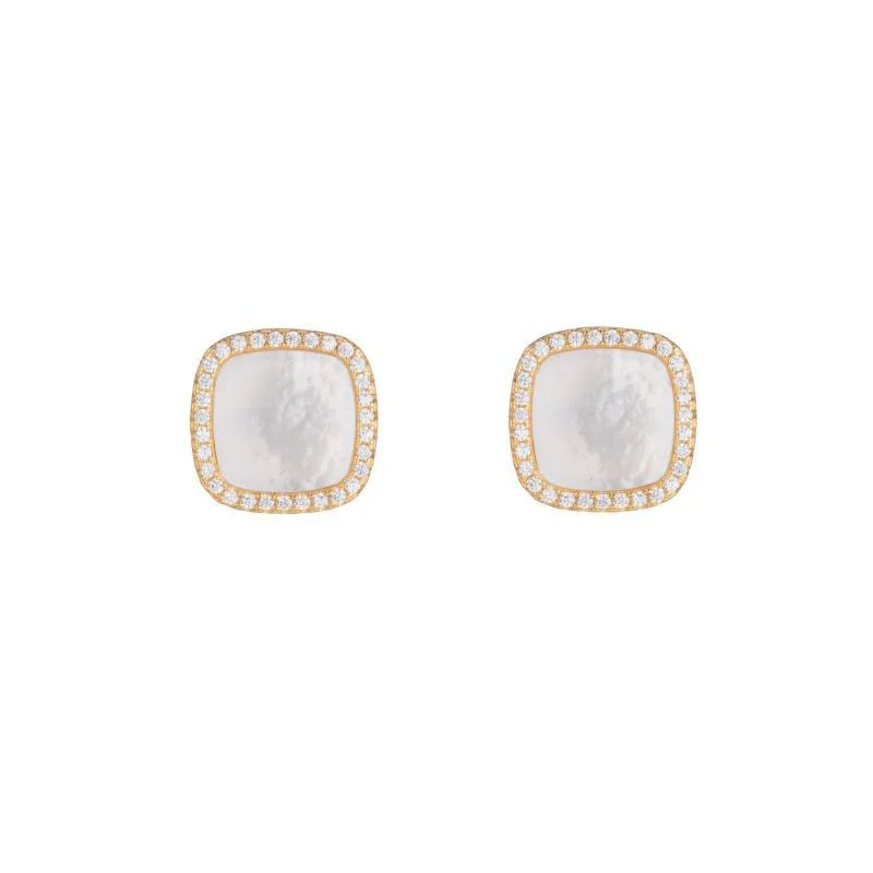 Clip-On Earrings-Pavé Mother of Pearl Square Stud Earrrings