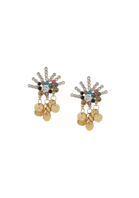 Crystal Stud Earrings-Gold Coin Cluster Multicolor Crystal Flower Post Earrings