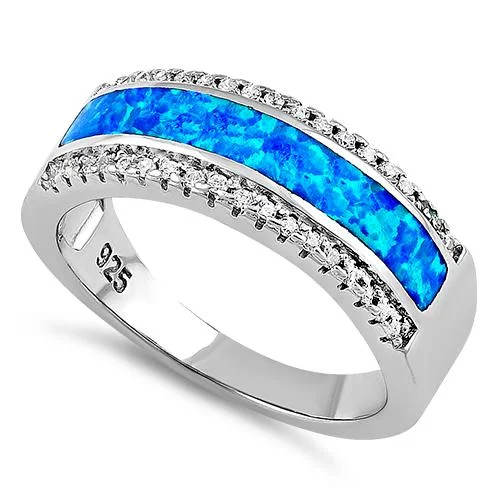 Colored Diamond Rings-Sterling Silver Long Bar Blue Lab Opal CZ Ring