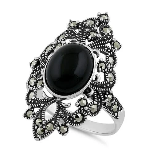 Boho Rings-Sterling Silver Fleur de Lis Black Onyx Marcasite Ring