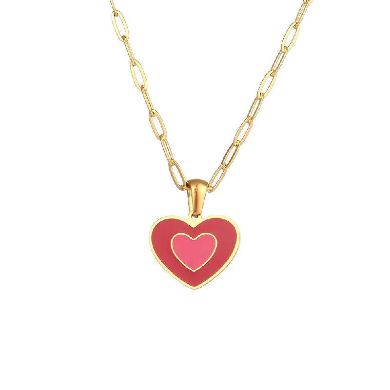 Double layered oil dripping love pendant necklace - bright red