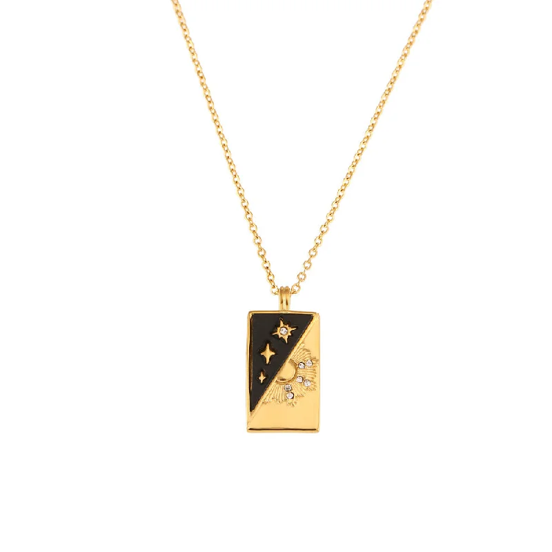 Diagonal Shell Sun Star Tarot Necklace - Gold - Black Shell