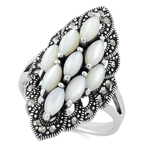 Round Cut Rings-Sterling Silver Mother of Pearl Marquise Marcasite Ring