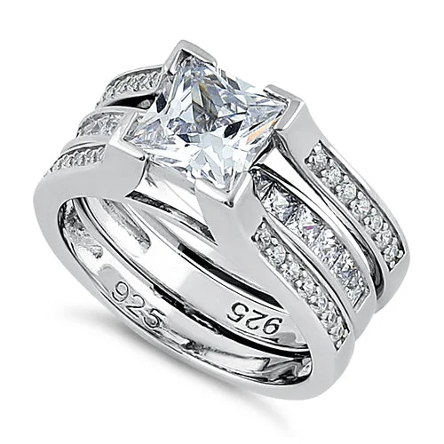 Diamond Rings-Sterling Silver Princess-Cut 2-Piece CZ Engagement Ring