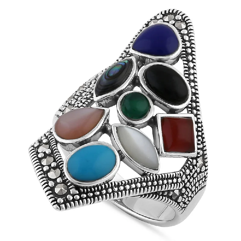 Wedding Set Rings-Sterling Silver Multi-Color Stone Obtuse Square Marcasite Ring