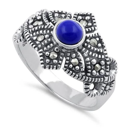 Custom Signet Rings-Sterling Silver Blue Lapis Crown Marcasite Ring