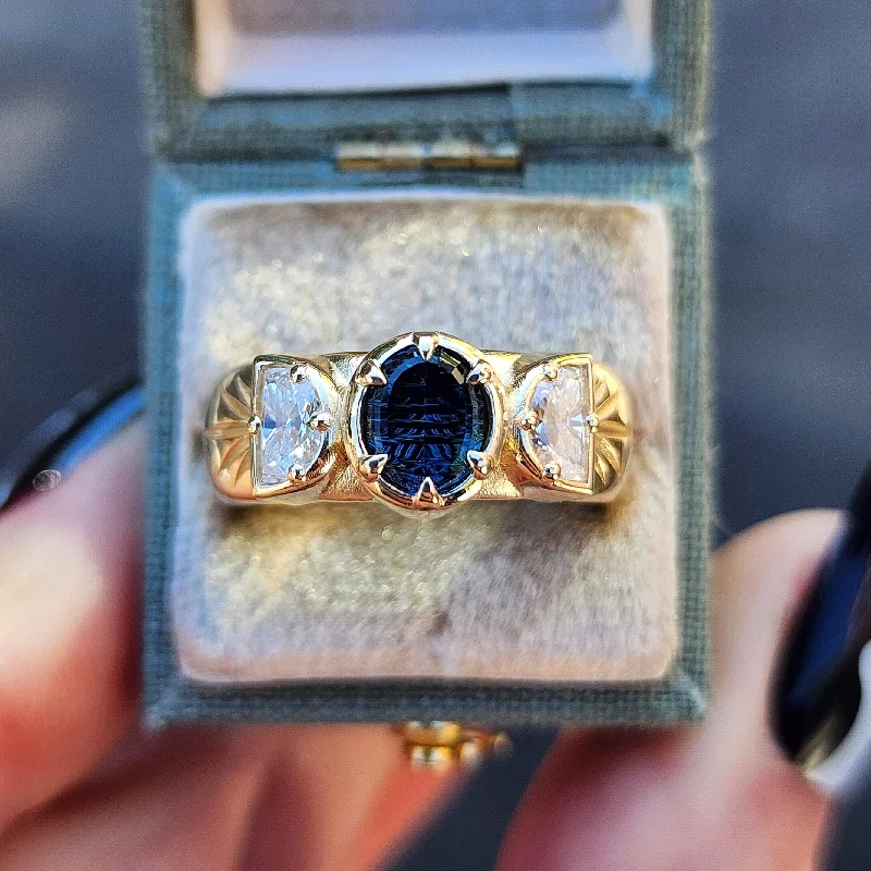 Couples Rings-READY To SHIP Size 6-8 - Eva Witch - Teal Oval Australian Sapphire and Lab Diamond Half Moon Engraved Wide Band Ring - 14k Yellow Gold