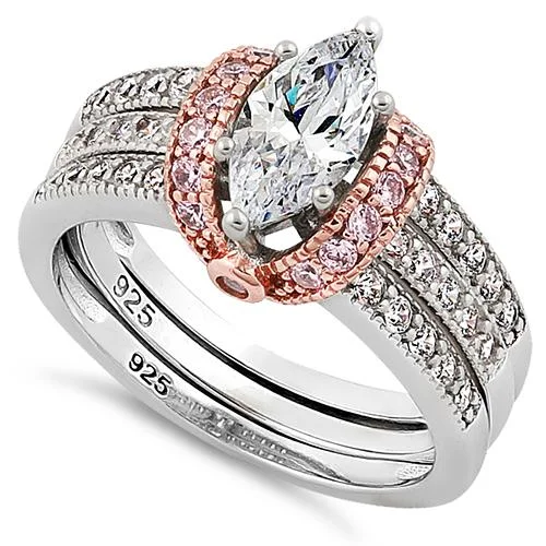 Textured Rings-Sterling Silver Two-tone Marquise CZ Engagement Ring