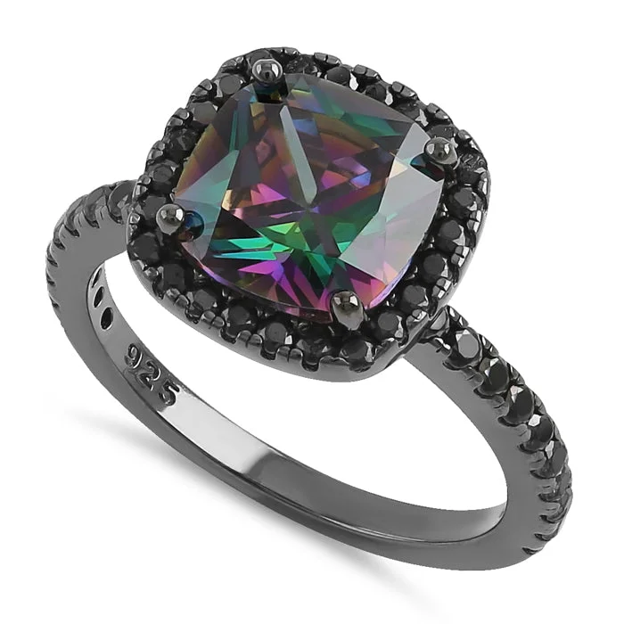 Custom Engagement Rings with Diamonds-Sterling Silver Black Rhodium Cushion Cut Rainbow CZ Ring