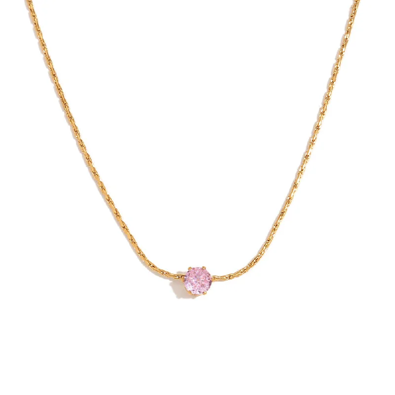 Ultra fine woven chain mini zirconia pendant necklace - gold - pink zirconia