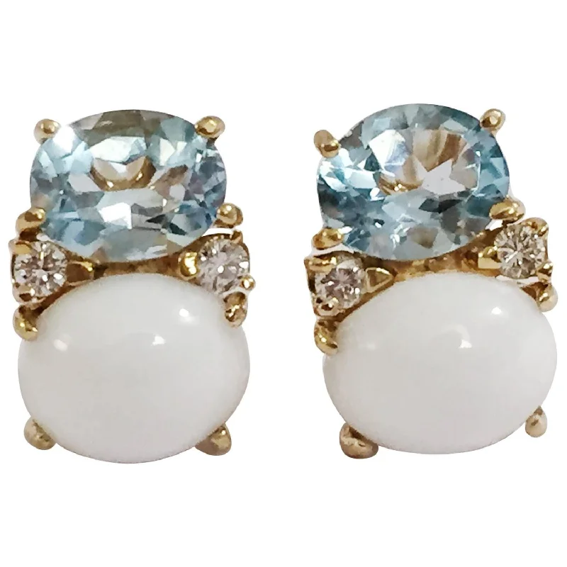 Clip-On Hoop Earrings-Medium GUM DROP™ earrings With Blue Topaz and Cabochon White Jade and Diamonds