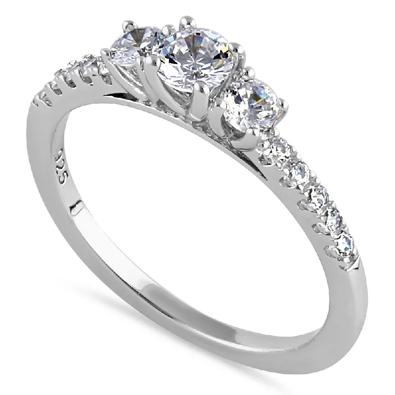 Cushion Cut Rings-Sterling Silver 3 Stone CZ Ring