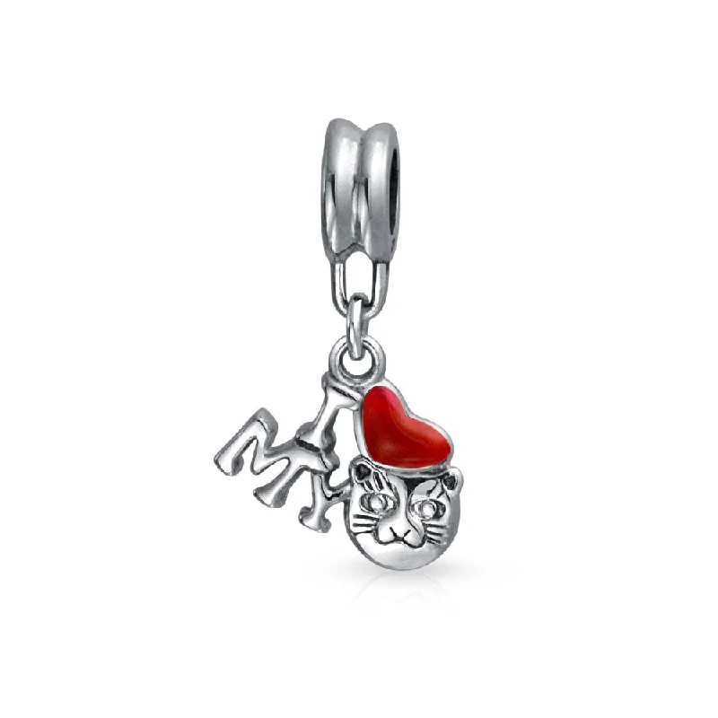 Custom Cuff Bracelets for Women-Kitten Pet Red Heart 'I Love My Cat' Dangle Charm Bead for European Bracelet