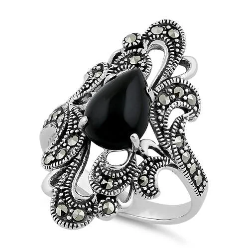 Wedding Band Rings-Sterling Silver Pear Shape Black Onyx Marcasite Ring