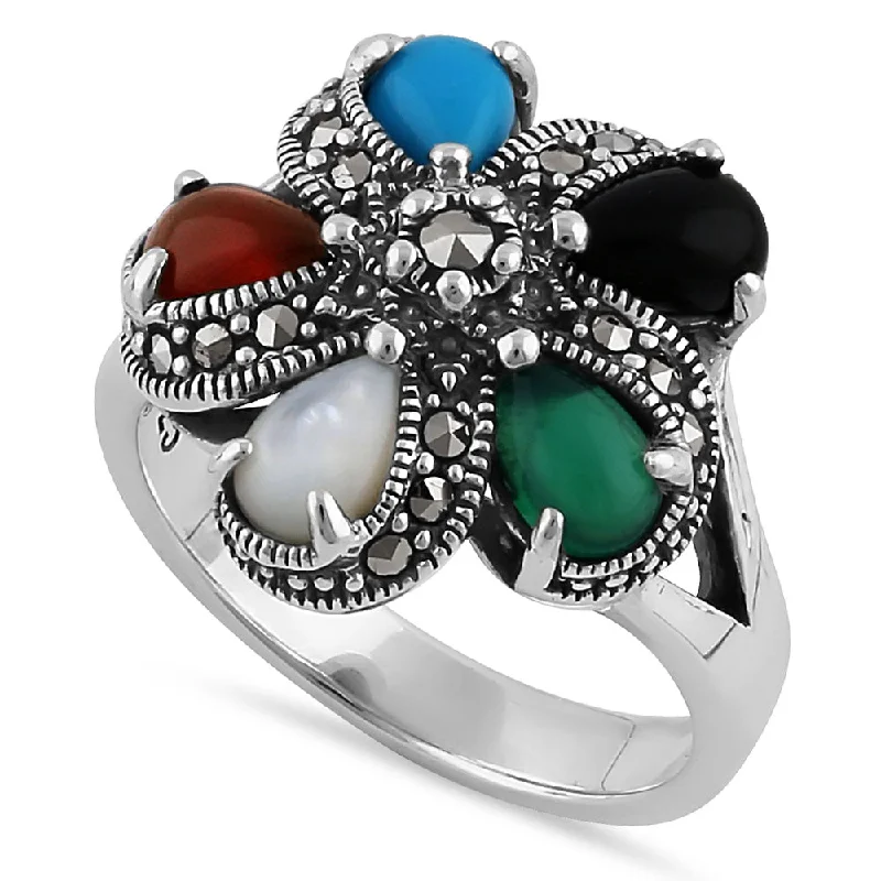 Couple Rings-Sterling Silver Multi-Color Pear Flower Marcasite Ring