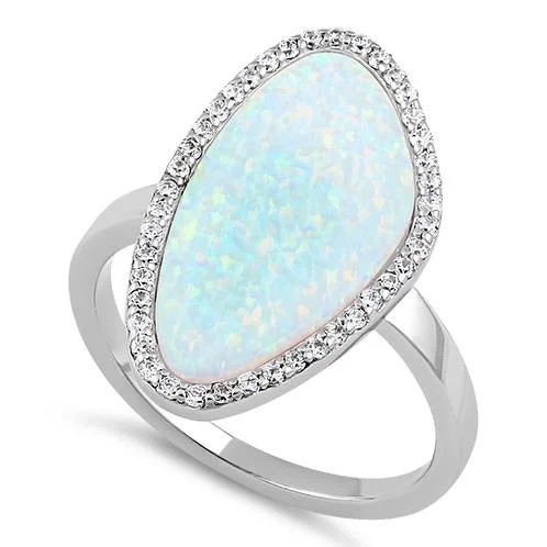 Silver Rings-Sterling Silver Tri-Oval White Lab Opal CZ Ring