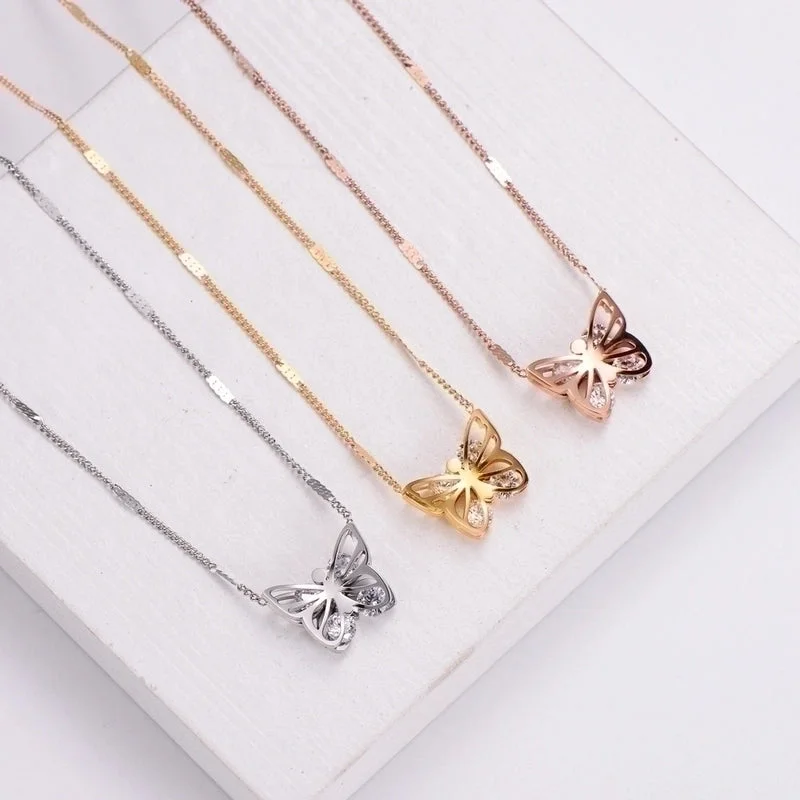 Rose Gold Necklaces-Fashion Butterfly Stainless Steel Diamond Rhinestones Pendant Necklace