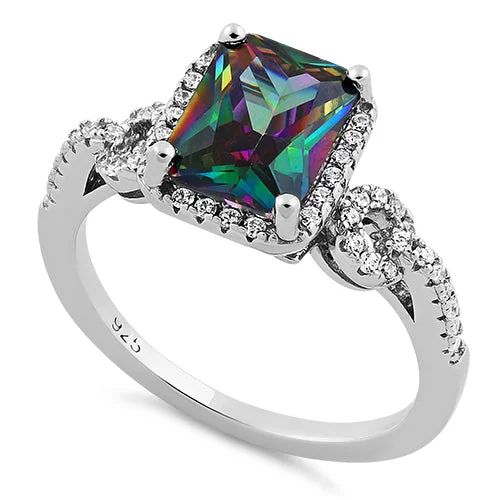 Fashion Gemstone Rings-Sterling Silver Rectangular Shape Rainbow Topaz CZ Ring