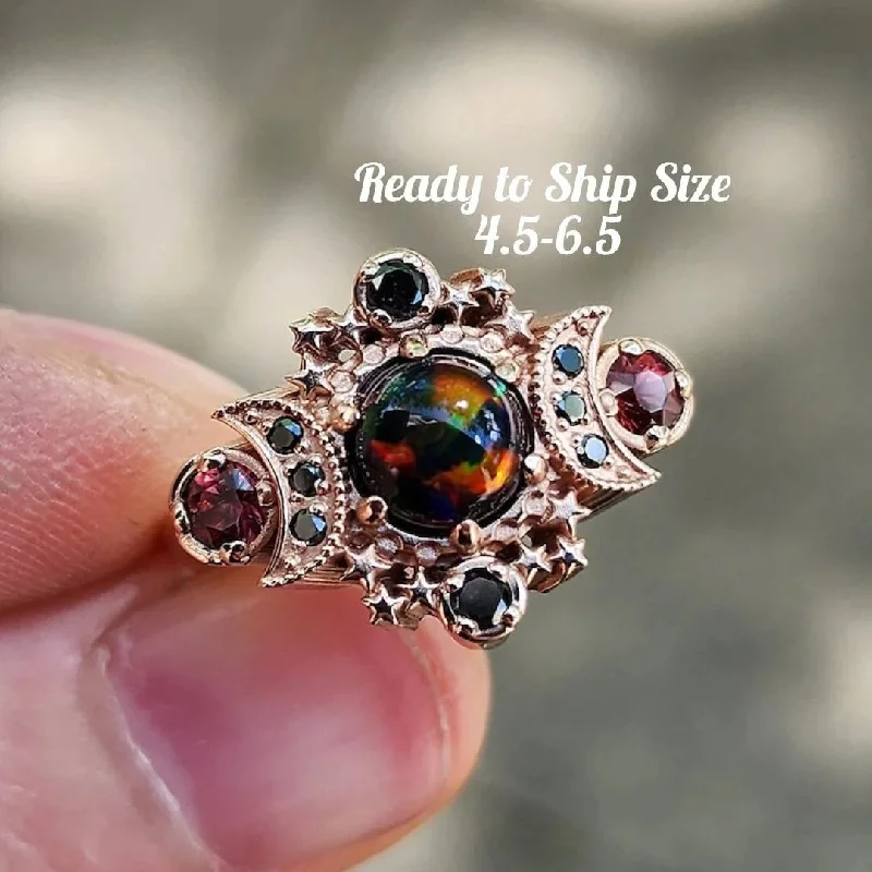 Unique Wedding Rings-Ready to Ship Size 4.5- 6.5 Black Opal Cosmos Moon Engagement Ring, Imperial Garnets Black Diamonds, 14k Rose Gold Gothic Wedding Jewelry