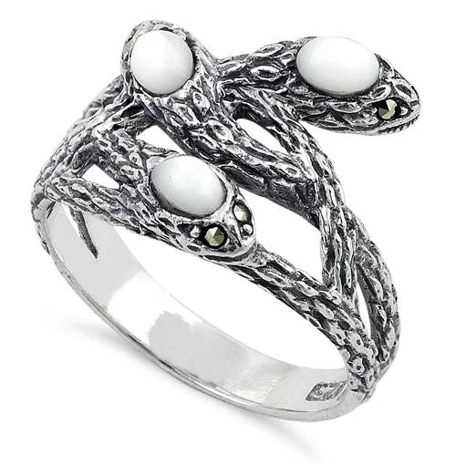 Infinity Rings-Sterling Silver Mother of Pearl Snakes Marcasite Ring