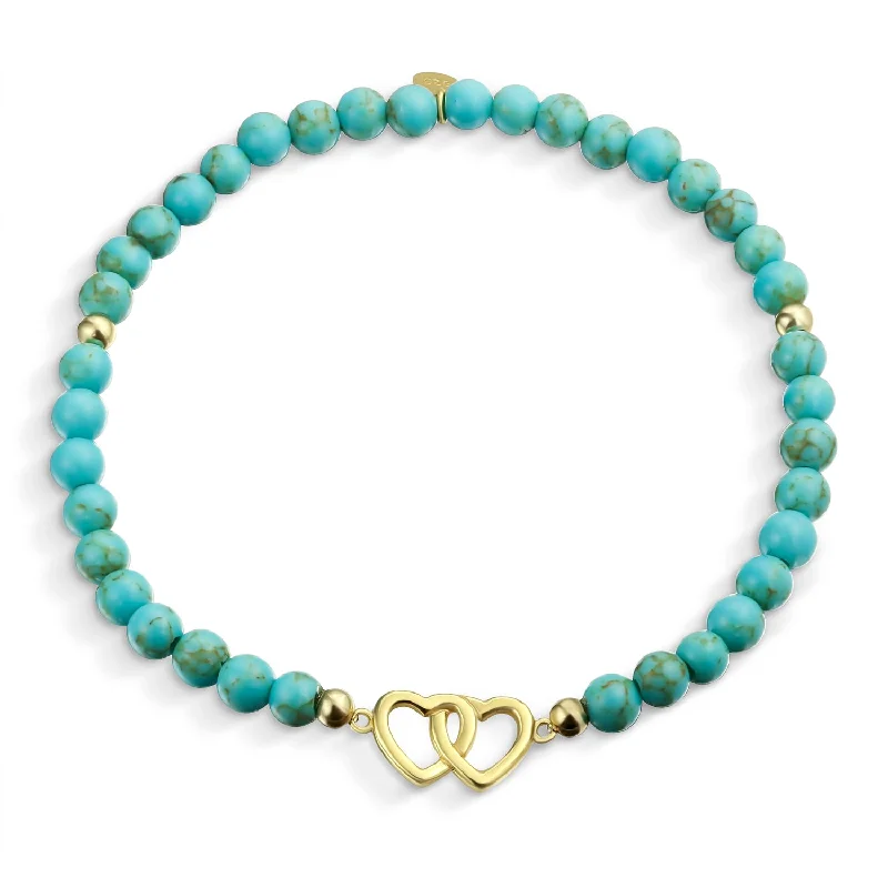 Unique Gold Bracelets-Interlocking Hearts BFF Turquoise Bead Stretch Bracelet 14K Gold Plated Silver