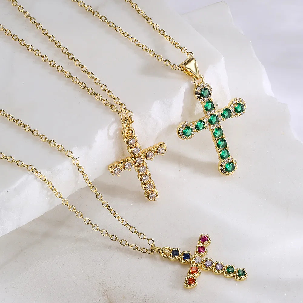 Silk Thread Necklaces-Fashion Cross Copper Gold Plated Zircon Pendant Necklace 1 Piece