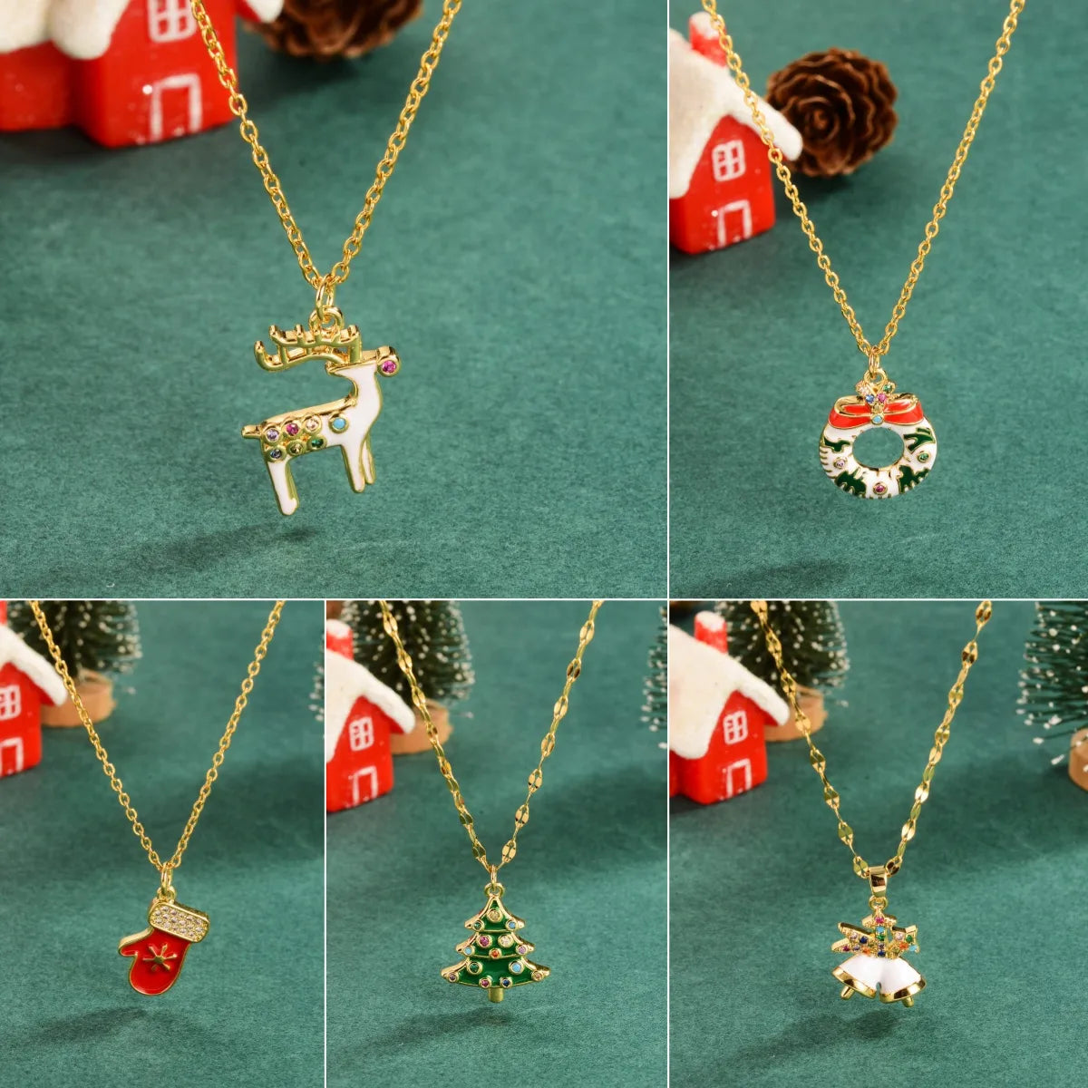 Valentine's Day Necklaces-Copper 18K Gold Plated Enamel Christmas Tree Elk Zircon Pendant Necklace