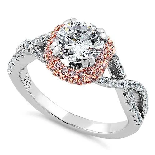 Mixed Metal Engagement Rings-Sterling Silver Twisted Two Tone Rose Gold Plated Clear CZ Ring