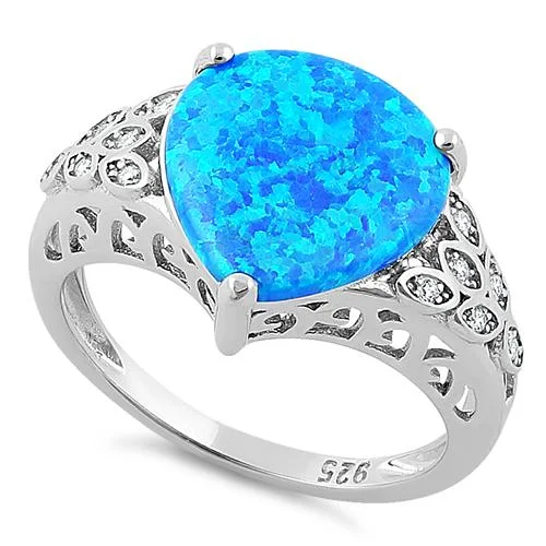 Vintage Style Rings-Sterling Silver Plump Pear Shape Blue Lab Opal Clear CZ  Ring