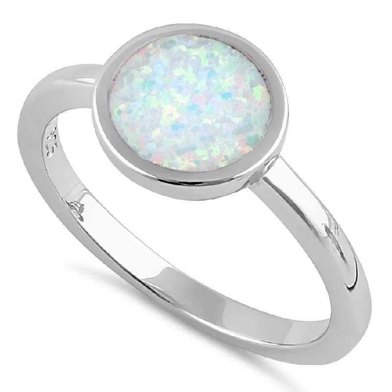 Double Band Rings-Sterling Silver Simple Round White Opal Ring