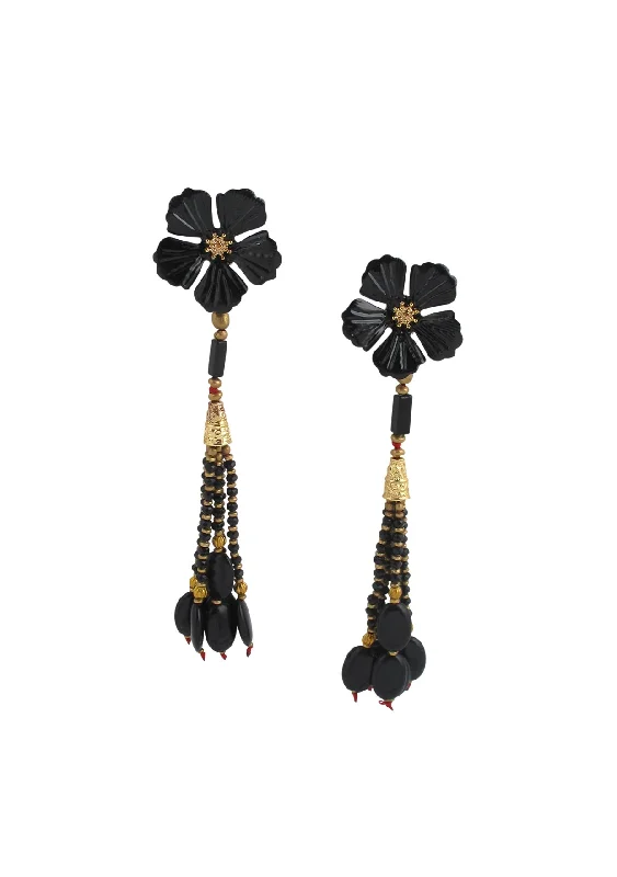 Yellow Earrings-Black Onyx Tassel Black Flower Post Earrings