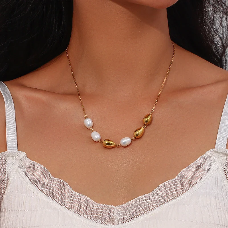 High Fashion Necklaces-Fashion Pearl Geometric Stainless Steel 18K Gold Plated Necklaces