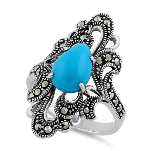 Classy Rings-Sterling Silver Pear Shape Simulated Turquoise Marcasite Ring