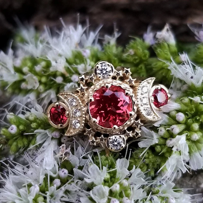 Unique Gemstone Rings-Chatham Padparadscha Sapphire Cosmos Engagement Ring - 14k Yellow Gold and Diamonds - Moon Fine Jewelry