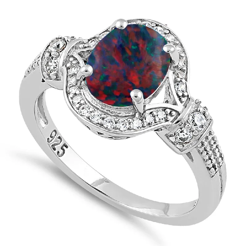 Oval Engagement Rings-Sterling Silver Elegant Black Lab Opal Oval CZ Ring