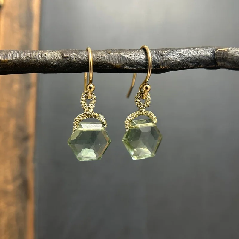 Luxury Hoop Earrings-Green Amethyst Quartz Hexagon Drop