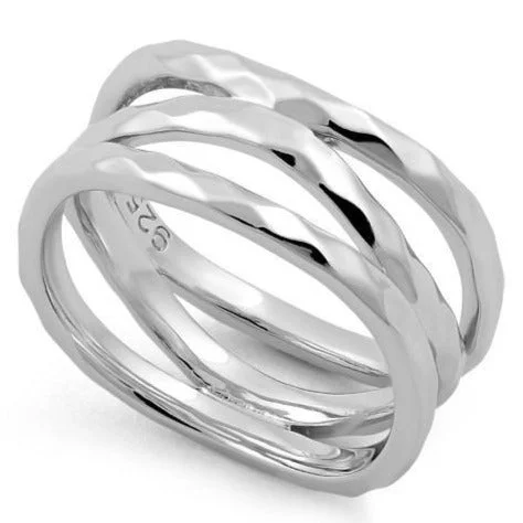 Princess Cut Rings-Sterling Silver 3 Wavy Hammered Ring