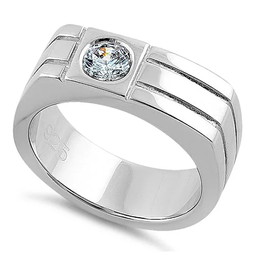 Women’s Engagement Rings-Sterling Silver Men's Offset Round Cut Clear CZ Ring