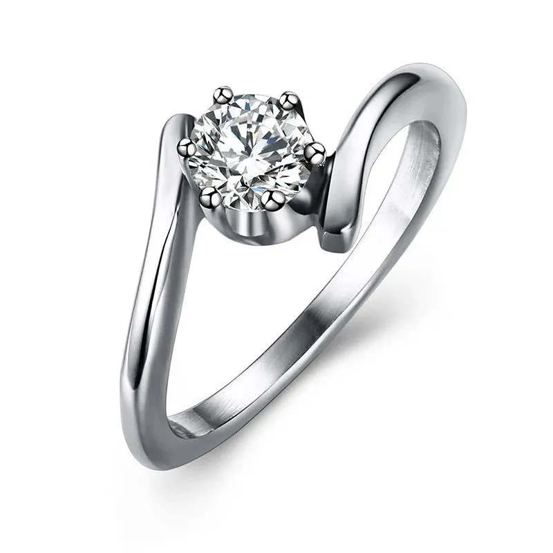 Crystal Rings-Stainless Steel CZ Solitaire Ring