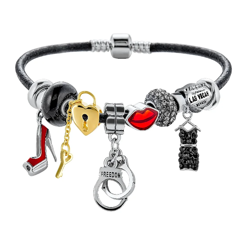 Luxury Gemstone Bracelets-Hot Wife Partners in Crime Heart Charm Bracelet Black Leather Sterling Silver 6.5-8"