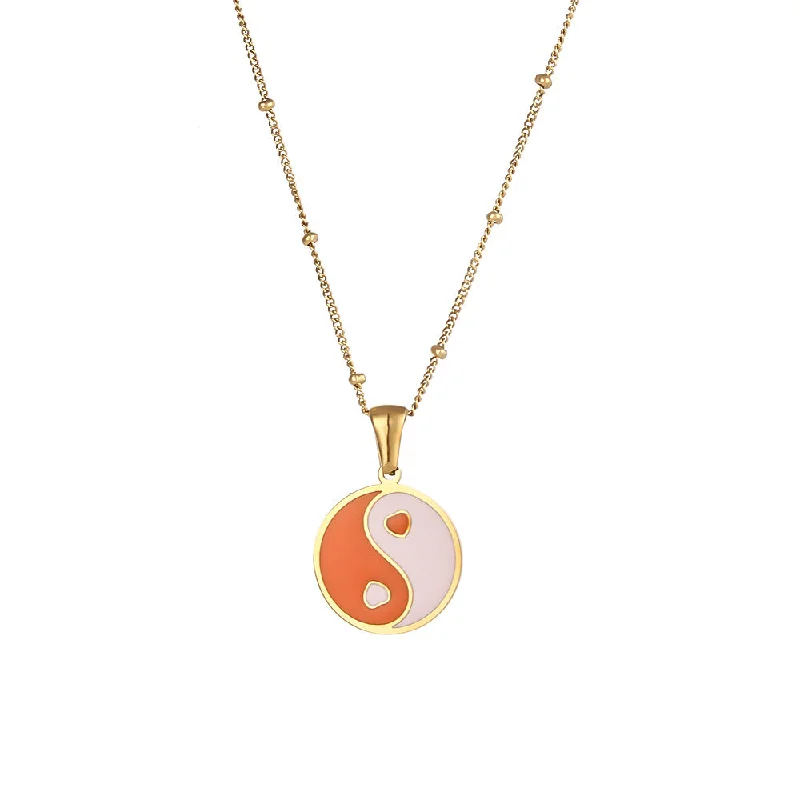 Round Bagua Bead Chain Necklace - Orange White