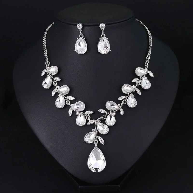 Customizable Necklaces-Retro Color Droplets Alloy Rhinestone Glass Earrings Necklace Set Wholesale