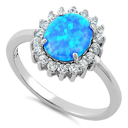 Rose Gold Wedding Bands-Sterling Silver Oval Blue Lab Opal CZ Ring